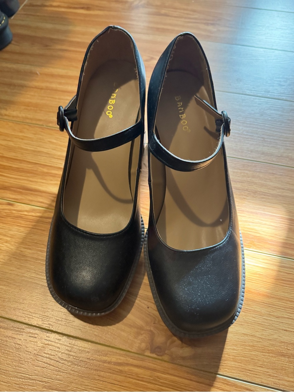 BAMBOO Black Mary Jane Round-Toe Flats with Strap